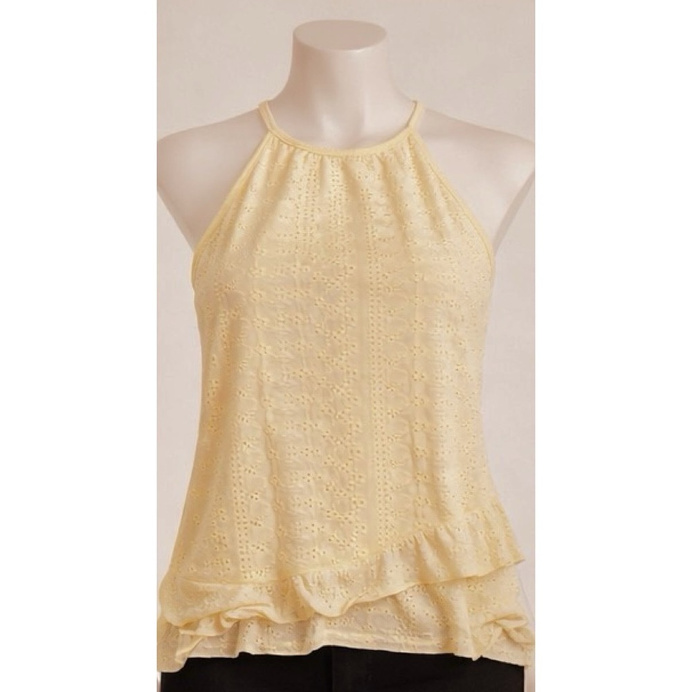 SHEIN Yellow Eyelet Ruffle Hem Halter Top S